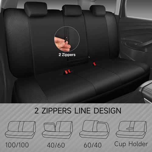 Leather Car Seat Covers Black Blue, Sporty Carbon Fiber Leather Full Set Waterproof Auto Seat Covers, Airbag Compatible, Universal Fit for SUV,Sedans,Vans,Pickup, Full Set, Black Blue