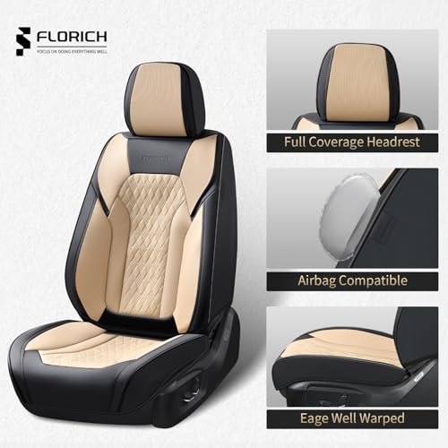Seat Covers, Car Seat Covers Front Seats, Luxury Nappa Leather Seat Covers, Breathable and Waterproof Car Seat Protector 2 Seat, Automotive Seat Covers Universal for Most Cars-Black&Beige