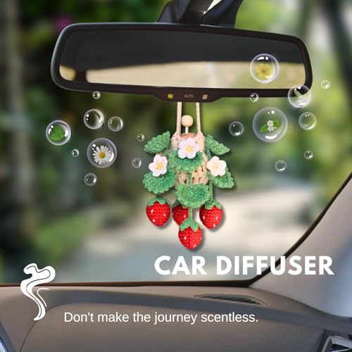 ROFIGL Handmade Crochet Hanging Car Air Freshener - Cute Strawberry Plant Design, 12ml Refillable Thick Glass Bottle, Car Diffuser for Rearview Mirror, Home & Office Decor - style: Strawberry