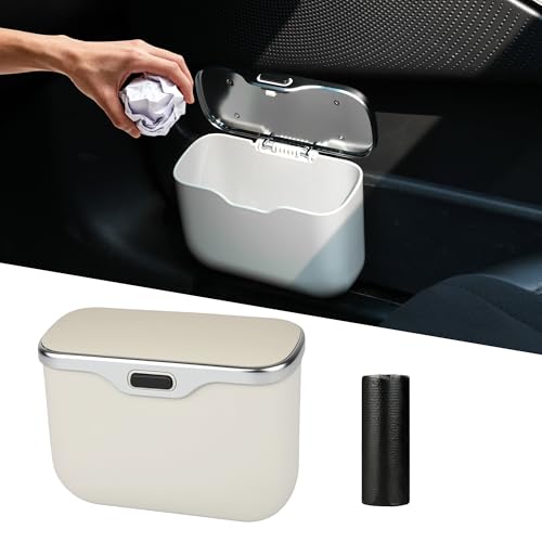 JEYODA - Automatic Push Button Car Trash Can with Secure Lid, Vehicle Garbage Bin (Beige) - color: beige