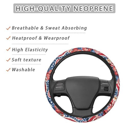 AFPANQZ American Flag Tropical Flowers Print Steering Wheel Cover for Women, Sweat Absorbing Non-Slip Steering Wheel Protection Case Elastic Flexible Universal 14 to 15 inch - color: American Flag Tropical Flowers Print