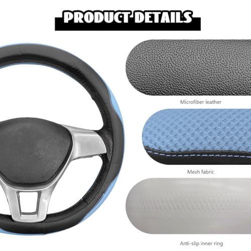 Microfiber Leather Steering Wheel Cover, Breathable Steering Wheel Protector with Anti-Slip Inner Ring, Universal 14.5"-15" Car Wheel Cover Auto Interior Decor for Men Women (Blue) - color: Blue