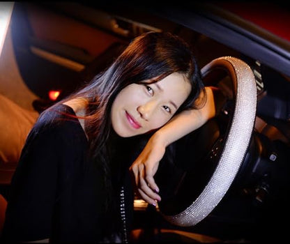 Black Leather Bling Diamond Steering Wheel Cover for Women Universal Fit 14.5in-15in - color: Black