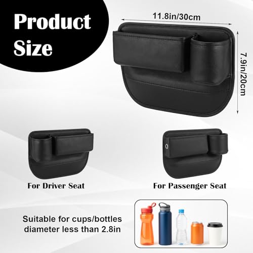 2PCS Car Seat Gap Filler Organizer, Gap Filler with Cup Holder and Storage for Cars, PU Leather Front Seat Side Organizer for Keys Cards Phone Sunglasses and Small Items(Black)