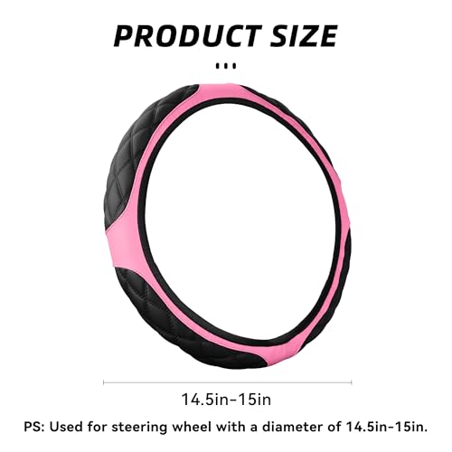 15 Inch Car Leather Steering Wheel Cover, Automotive Accessories Elastic Breathable Anti-Slip Soft Wheel Protector Fits Men and Women, Suitable for SUVs, Trucks, Vehicles and RVs (Pink) - color: Pink