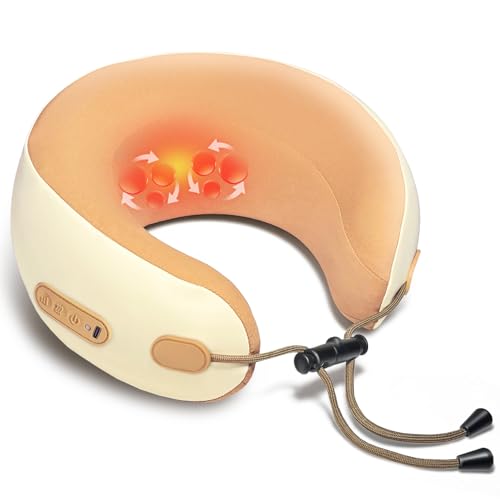 Neck Massager Pillow with Heating,Portable Heated Kneading Massage Cushion Pillow,Cordless Shiatsu Neck Massager,for Neck Pain Relief,for Home,Airplane,Car,Office,Travel - color: Off-white