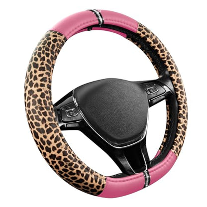 Road Comforts Leopard Steering Wheel Cover for Women, Cute Anti-Slip Microfiber Leather, Fits D Shape Flat Bottom Steering Wheel 14.5-15 Inch - Pink - color: D Shape-Pink