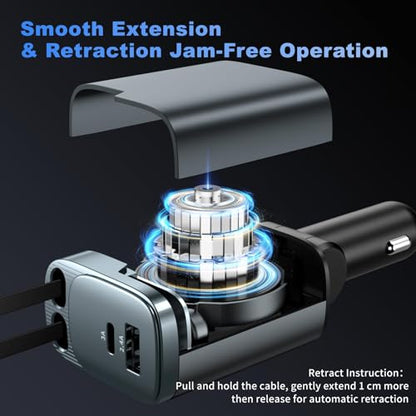 Retractable Car Charger 4 in 1, Car Charger USB C Fast Charge 84W Cigarette Lighter USB Charger, Travel Essentials Car Accessories Gifts for Men Women for iPhone 17 16 15 14 13 12 Pro Max, Samsung