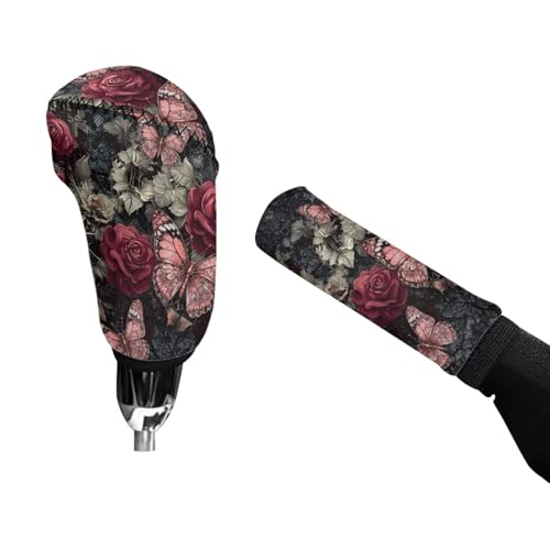 Butterfly Rose Pattern Car Handbrake Cover Gear Shift Cover Set Breathable Car Handbrake Grip Cover with Car Shift Knob Cover for Cars Truck SUV, Pack of 2 - color: Butterfly Rose