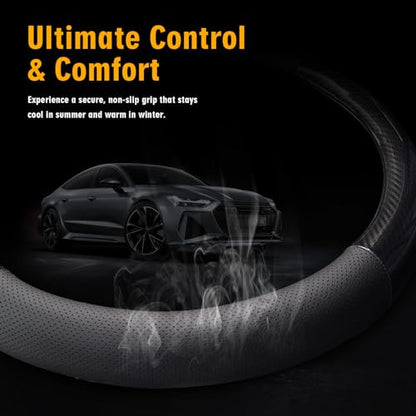KAFEEK 16 inch Classic Carbon Fiber Steering Wheel Cover Compatible with F150 F250 F350 Ram 4Runner Tacoma Tundra Range Rover, Breathable Microfiber Leather, Black - size: Large size[15 1/2''-16'']
