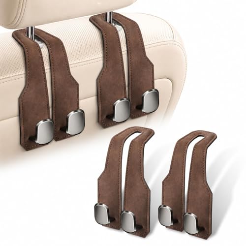 2Pcs Car Headrest Hooks with Premium Leather, Upgraded Double Metal Hooks with Anti-Drop Design, Universal Back Seat Hanger for Bags, Coats, Purses and Groceries (Stylish Brown)