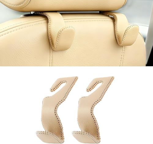 AMVOYOA Headrest Hooks for Purses and Bags, Car Back Seat Headrest Hanger Vehicle Beige Leather Storage Hook, Pack of 2 - color: Beige, size: 2 Pack
