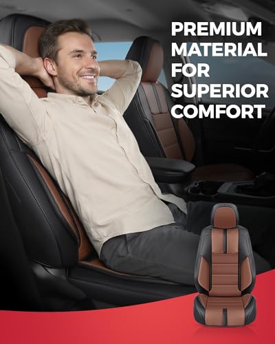 FREESOO Universal Full Seat Covers, Waterproof Faux Leather Automotive Seat Covers with Carbon Fiber Texture Seat Belt Pads, Anti-Slip Airbag Compatible Car Seat Covers for Cars SUVs Trucks - color: Black Brown, size: Full Set - 5 Seats