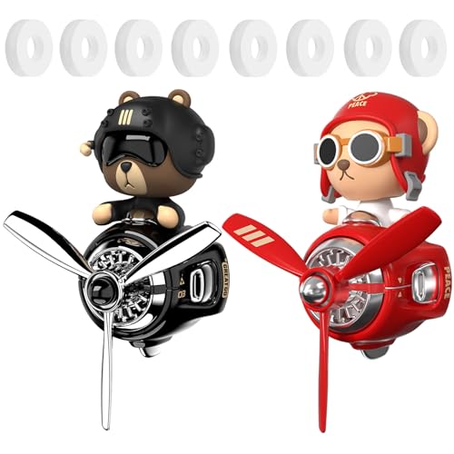 2Pcs Car Air Fresheners, Cute Bear Pilot Automotive Air Outlet Creative Car Perfume Diffuser, Automotive Accessories Air Vent Decoration with 8 Fragrant Tablets (Black 1+Red 1) - color: Black 1+Red 1