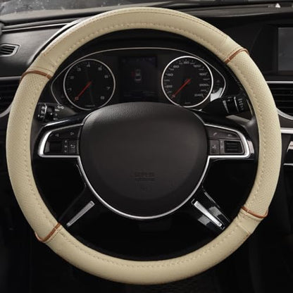CAR PASS Line Rider Universal Fit Delux Leather Steering Wheel Cover, for suvs,sedans,Vans,Trucks for 14.7" to 15" (Beige) - color: Beige