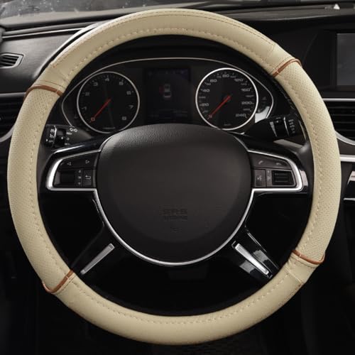 CAR PASS Line Rider Universal Fit Delux Leather Steering Wheel Cover, for suvs,sedans,Vans,Trucks for 14.7" to 15" (Beige) - color: Beige