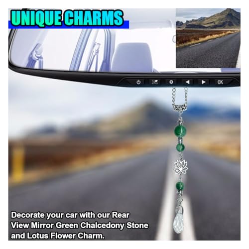 ZIMISI Lotus Flower Car Mirror Hanging Accessories, Lucky Crystal Car Rear View Mirror Charm, Bling Green Stone Hanging Ornament Pendant, Boho Healing Automotive Interior Accessories