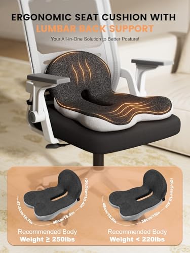 Office Chair Seat Cushion for Long Sitting Workers - L-Shaped Ergonomic Memory Foam with Tailbone Support & Adjustable Strap