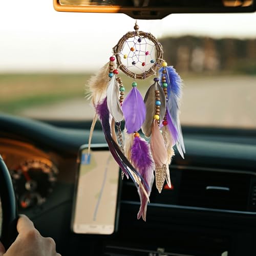 Mini Dream Catcher for Car Rear View Mirror Accessories - Handmade Small Purple Dreamcatchers Boho Car Charm Interior Decor, Native Ameican Indian Ornament - color: Purple