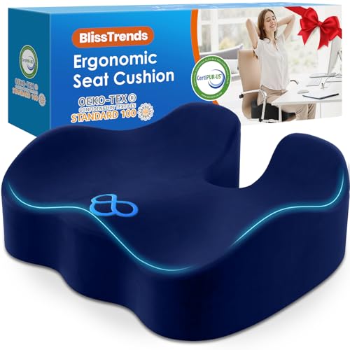 BlissTrends Seat Cushion,Thick Memory Foam Cushions for Office Chair, Car Seat, Airplane, Relieving Pressure Tailbone Sciatica Back Pain for Long Sitting Office Workers, Car Drivers 4.7in Thick Blue - color: Blue, size: Large
