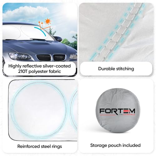 FORTEM Car Sun Shade for Windshield, Reflective Windshield Sunshade, 240T Polyester, Automotive Interior Sun Protection, Ultimate Heat and UV Shield, Foldable, Storage Bag - size: Large (65" x 33.5")