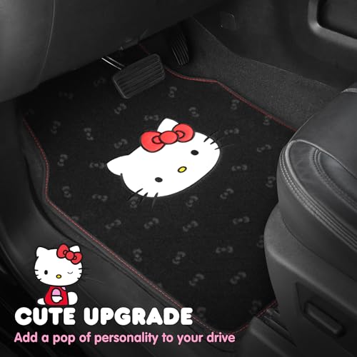 Hello Kitty Carpet Car Floor Mats - Universal Fit for Cars, SUVs & Trucks - Black with Red Bow & Hello Kitty Print - Front & Rear Set, 4 Piece Car Accessories