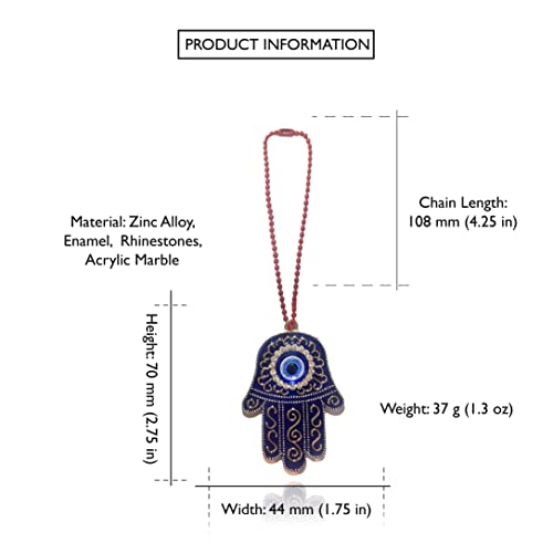 Sonoran Souvenirs Blue Hamsa Evil Eye Charm for Car Rear View Mirror - Spiritual Protection Ward - Lucky Automobile Decor - Protection Car Hanging Decor Ornament with Chain - Hand of Fatima