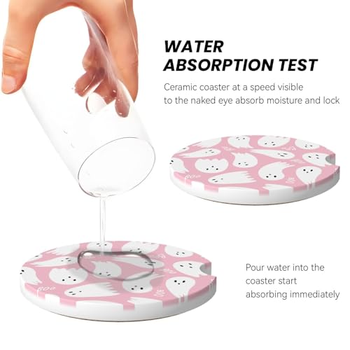 2-Pack Absorbent Car Coasters Pink Cute Ghost - Ceramic & Non-Scratch Cork Base Cup Holder Coasters Universal 2.56"