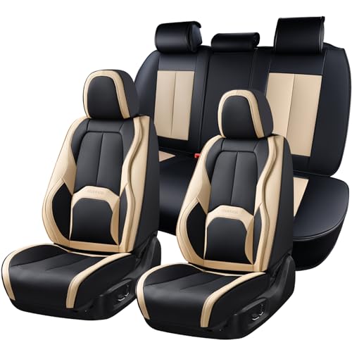 Coverado Car Seat Covers, Leather Seat Covers Full Set, Waterproof Car Seat Protector with Lumbar Support, Automotive Seat Covers Seat Cushions Universal Fit for Most Cars SUV Trucks, (Black&Beige) - color: A-Black&Beige, size: Fullset