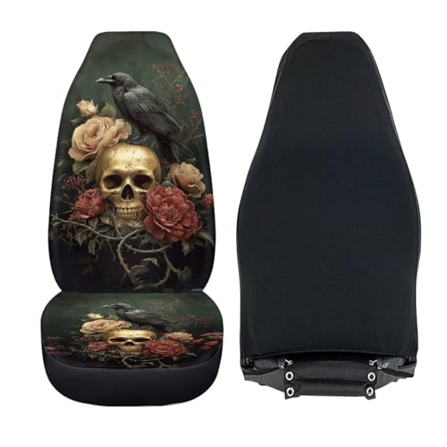 Raven Crow Skull Flower Print Car Seat Covers, 2 Pieces Washable Vehicles Front Seat Protectors, Scratch-Resistant Bucket Seat Cover Fits Most Vehicles, Sedans, Trucks, SUVs, Vans - color: Raven Crow Skull Flower