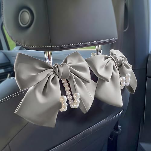 2 PCS Bow Pearl Car Seat Headrest Hook – Cute Purse Hook for Car, Girly Interior Decoration Accessories Hook Hanger, Seatback Holder for Purses & Bags, Elegant Car Organizer (Moonlight Grey) - color: Moonlight Grey