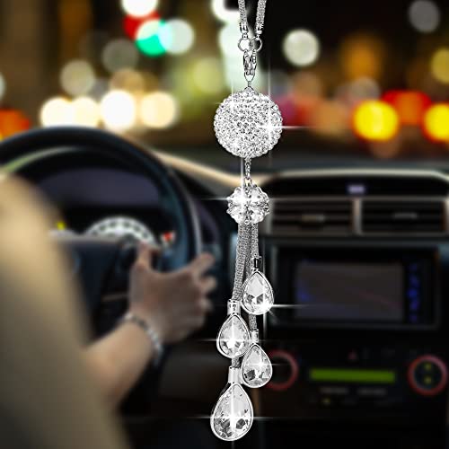 OTOSTAR Bling Crystal Ball and Drops Car Hanging Accessories, Rear View Mirror Pendant Charms Interior Sun Catcher Ornament, Bling Accessories for Women Girls (White)