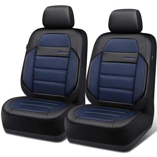 CAR PASS Memory Foam Seat Covers Front, Airy Cool Mesh Thick Car Seat Covers, Leather Car Seat Covers Front Seats Airbag Compatible, Universal Automotive Comfort for Most Cars, Trucks, SUV, Black Blue - color: balck and blue