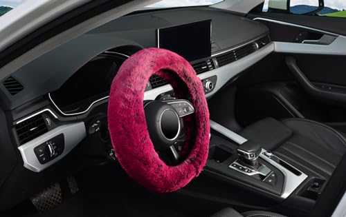 KAFEEK Frost Fluffy Microfiber Plush Steering Wheel Cover for Winter Warm, Universal 15 inch Soft Fuzzy Steering Wheel Cover, Brilliant Red - color: red, size: Standard Size[14 1/2''-15'']