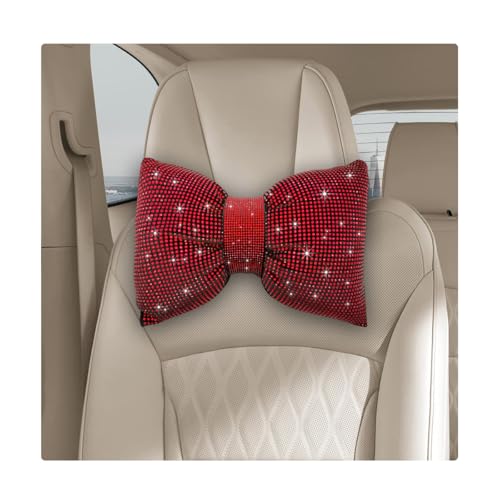 Yourkar Bling Car Seat Neck Pillow, Soft Bling Bowknot Headrest Neck Support Rest Cushion, Neck Relax Head Rest Auto Pillow with Crystal Rhinestone for Women, Car Accessories (Red) - color: Red