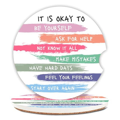 2 Pcs Encouraging Words Car Coasters,Ceramic Cup Holder Coasters with a Finger Notch,2.56" Ceramic Stone & Non-Scratch Cork Base,Car Accessories for Women&Man.