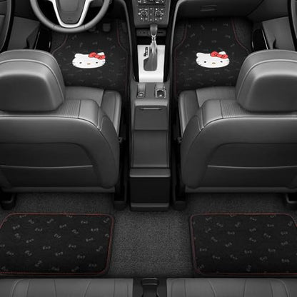 Hello Kitty Carpet Car Floor Mats - Universal Fit for Cars, SUVs & Trucks - Black with Red Bow & Hello Kitty Print - Front & Rear Set, 4 Piece Car Accessories