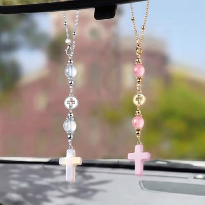 2 Pcs Cross Car Hanging Charms Cute Healing Stone Rear View Mirror Accessories Boho Handmade Sun Catcher Ornament Decor Crystal Protection Gift for Women