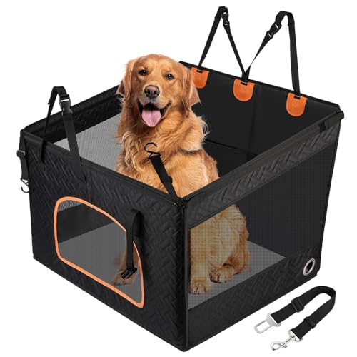 KYG Large Dog Car Seat for Large Medium Size Dogs with Cushion, Waterproof Hard Bottom Car Seat Cover for Dogs with 3 Mesh Windows, Foldable Pet Carseat for Cars/SUVs/Trucks