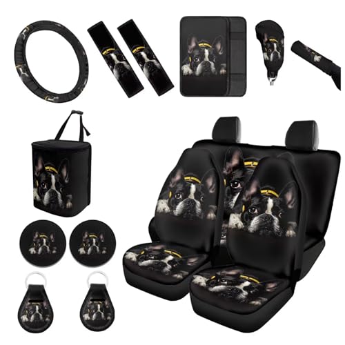 Forchrinse Cute Boston Terrier Car Seat Covers for Women 15Pcs Auto Interior Set with Steering Wheel Cover,Armrest Seatbelt Cover,Car Trash Can,Coaster,Keychain for Truck SUV Vehicles - color: Boston Terrier