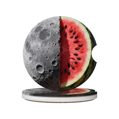 Watermelon Moon Funny Car Cup Holder Coasters 2 Pack Universal 2.63 Inch Anti Slip Ceramic Absorbent Coaster with Cork Base and Finger Notch Cute Car Accessories Interior for Women - color: Gray