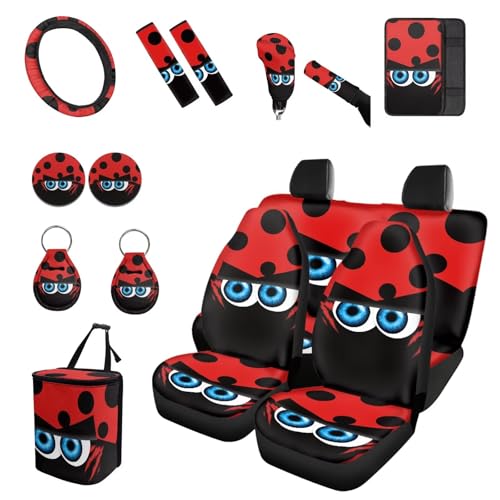 Forchrinse Cartoon Ladybug Car Seat Cover Full Set Protector+Steering Wheel Cover+Car Trash Can+Seatbelt Cover+Coaster+Keychain+Handbrake Gear Shift Cover,15Pack Patriotic Car Accessories Set - color: Cartoon Ladybug Printed