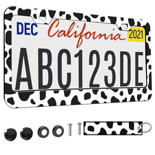 1pcs Cow White Black spot License Plate Frame for Women, Animal Cow Print car Decorative tag Frames Girly, Cute Metal License Plate Cover Holder for Vehicle with Double Sided car Keychain tag - color: for animal cow print white black spot, size: 1pcs