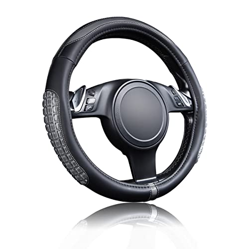 Flying Banner car Steering Wheel Cover Gel Massage Velvet Cool Warm Universal Size 15 inches SUV Truck Anti Slip Odorless Summer Winter (Black Gray, Gel Massage) - color: Black Gray