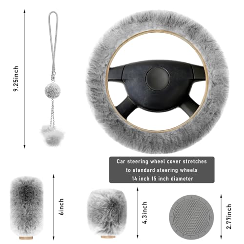 6 PCS Fluffy Steering Wheel Covers Set, 15 Inch Soft Steering Wheel Cover, Handbrake Cover & Gear Shift Cover & Cup Holder Coaster & Car Mirror Accessory, Car Accessories (Gray) - color: Gray