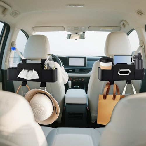 4-in-1 Back Seat Car Organizer with Extra Large Capacity, 2 Cup Holders, Tissue Box Dispenser & Storage Hook for Phone, Snacks, Toys(Black)