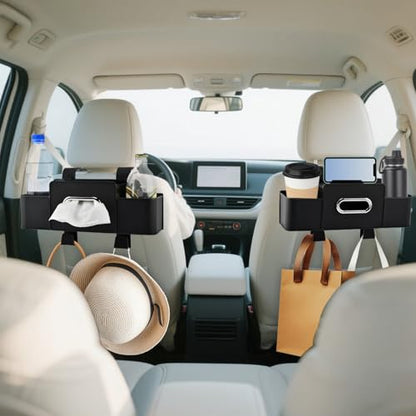 4-in-1 Back Seat Car Organizer with Extra Large Capacity, 2 Cup Holders, Tissue Box Dispenser & Storage Hook for Phone, Snacks, Toys(Black)