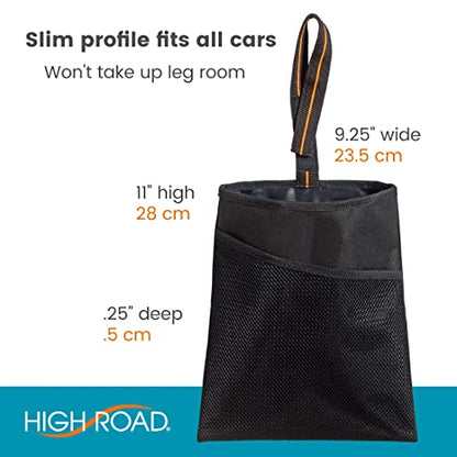 High Road Small Hanging Car Trash Bag with Waterproof Liner, Storage Pocket and Adjustable Strap - Hangs from Handles or Headrest Posts Without Taking Up Legroom - color: Black
