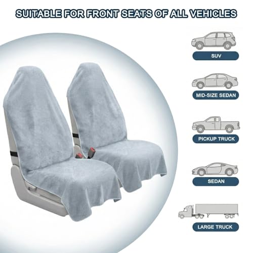 Car Seat Towel Cover, 2pcs Universal Front Seat Protector for Cars, SUVs and Trucks, Sweat Towel Car Seat Cover for Gym, Yoga, Swimming, Pets and Family Travel, Light Gray