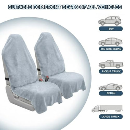 Car Seat Towel Cover, 2pcs Universal Front Seat Protector for Cars, SUVs and Trucks, Sweat Towel Car Seat Cover for Gym, Yoga, Swimming, Pets and Family Travel, Light Gray